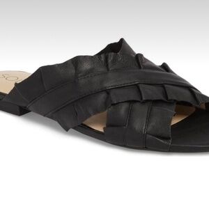 Sole Society Mandi Crisscross Ruffle Leather Slide Sandals, Black, Sz 8